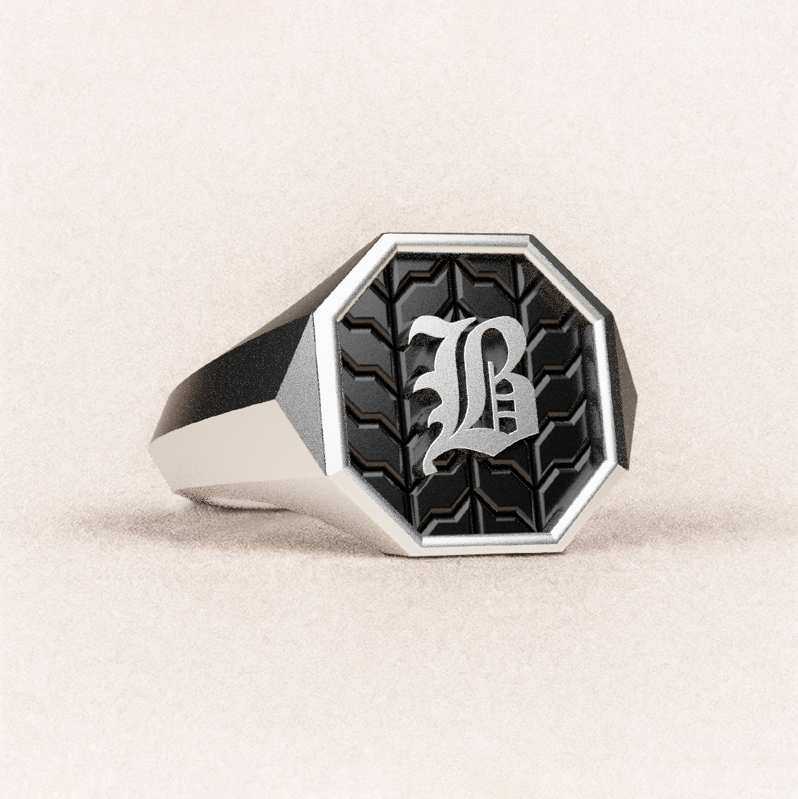 Octagon Signet Ring (Roman and Cyrillic) - 14k White Gold