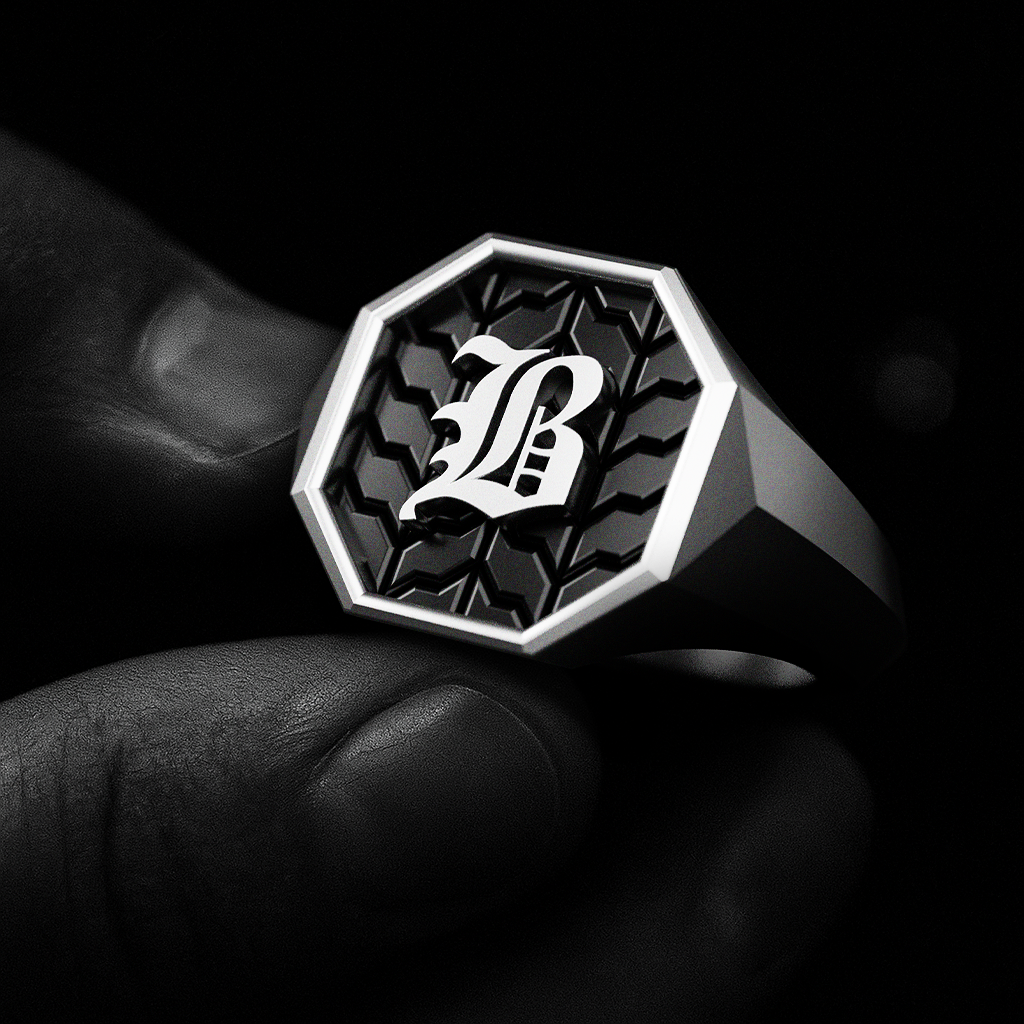 Octagon Signet Ring (Roman and Cyrillic) - Sterling Silver High Polish