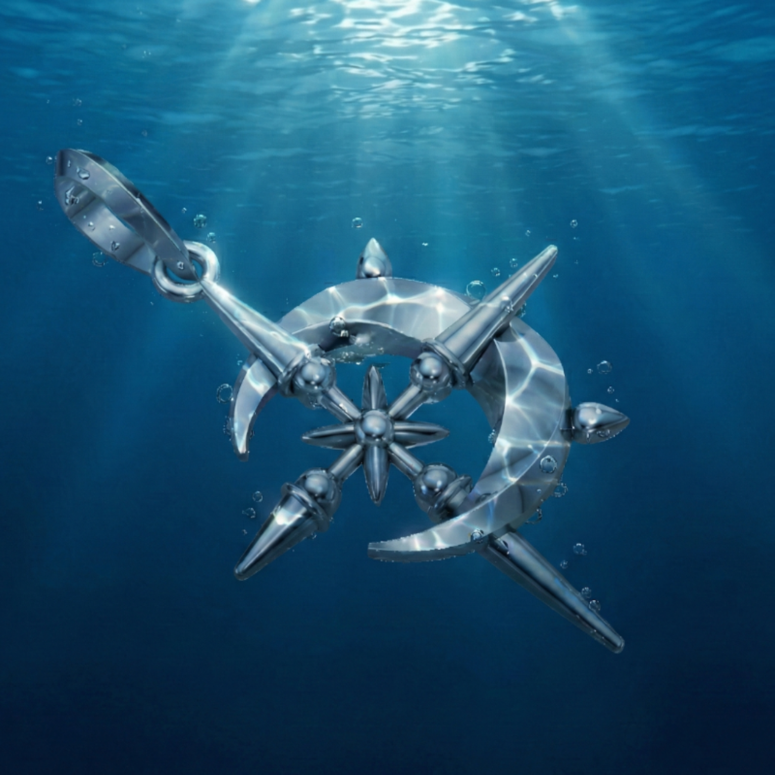 Metallic star-like object underwater with sunlight filtering through water